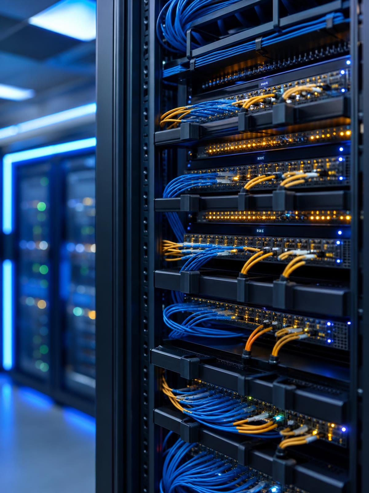 Neatly organized enterprise server rack with fiber optic cabling and glowing network switches